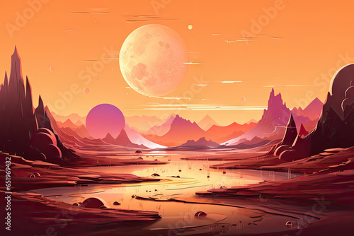 Fantasy landscape with mountains, river and moon. illustration.