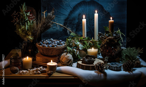 winter solstice still life with candles and decorations