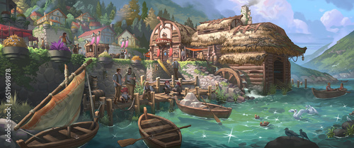 A fantasy illustration of a small haven near the shipyard and crystal-clear lake in medieval town with beautiful summer sky scenery.