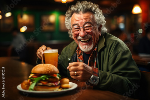 Elderly man enjoying burger at retro diner background with empty space for text 