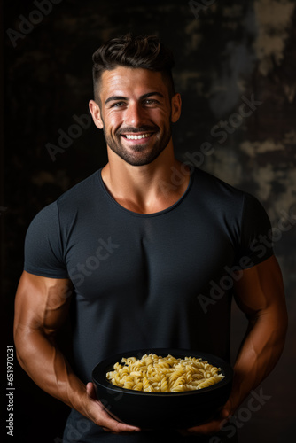 Fitness enthusiast eating post-workout pasta health bar background with empty space for text 