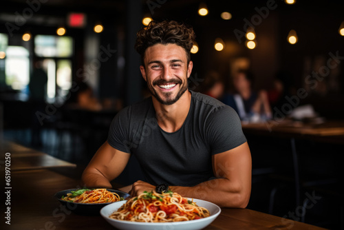Fitness enthusiast eating post-workout pasta health bar background with empty space for text 