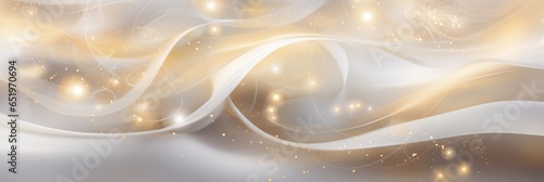 White and golden abstract background with smoky swirling wavy shapes. Wide backdrop for celebrations, weddings, events, christmas and luxury industries.
