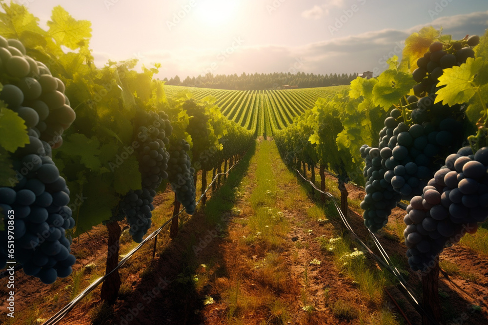 Vineyards with ripe grape at sunset in autumn harvest. AI Generative