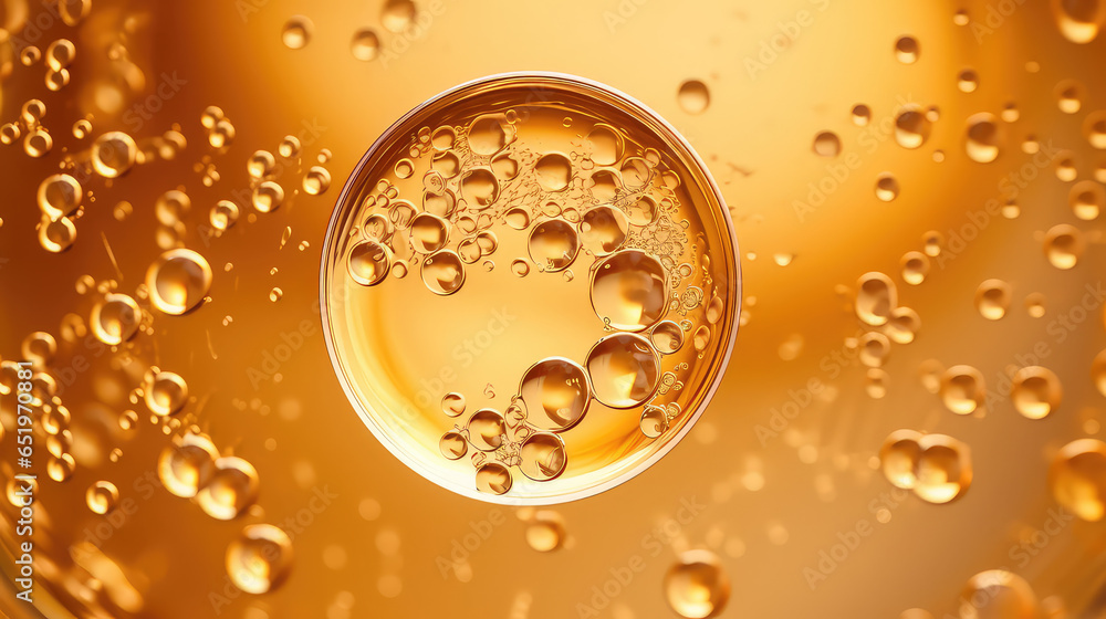 Golden drops of facial serum with cosmetic oil texture. Closeup of care cosmetic oil, droplets. - obrazy, fototapety, plakaty 