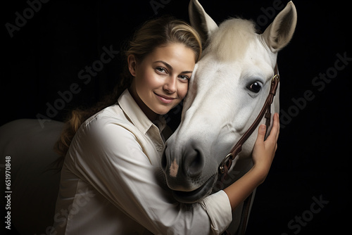 Portrait of female veterinarian, hugging horse, compassionate, animal care, equestrian, profession