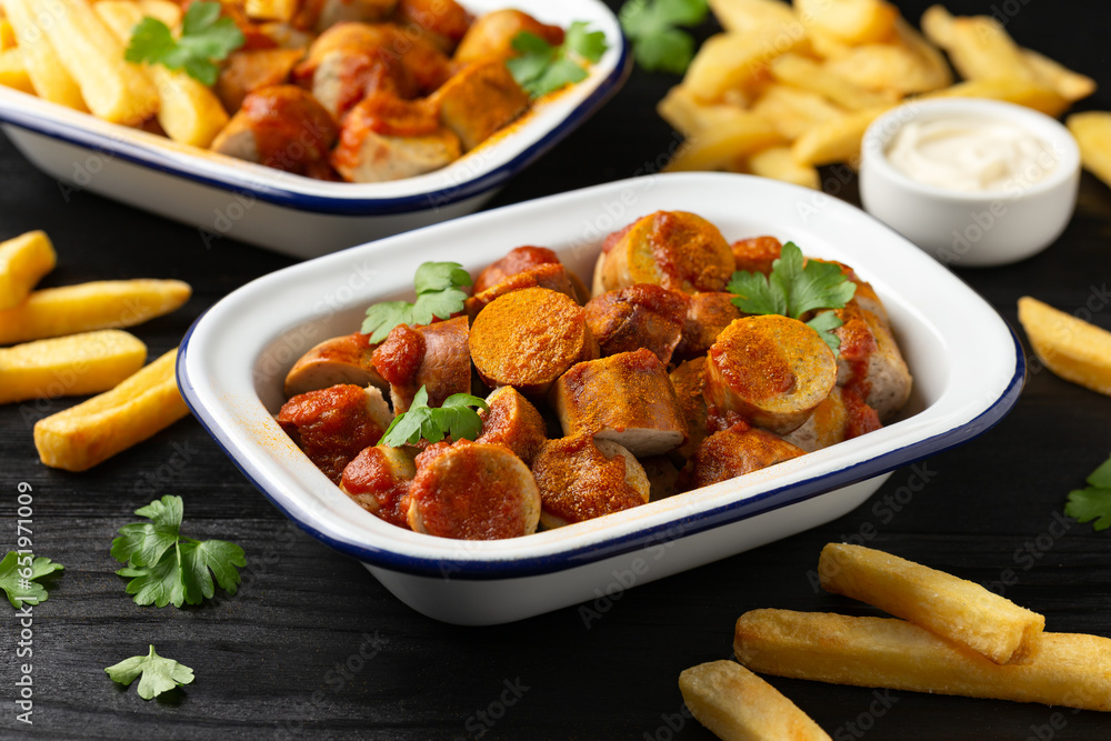 Traditional German currywurst, served with potato chips and sauce Traditional German currywurst, served with potato chips and sauce