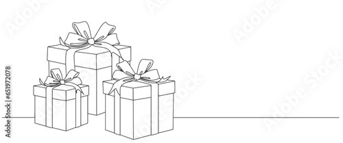 Out line drawing of gift box. Wrapped surprise package for christmas or birthday party .Party and celebration. Gift box line art outline vector illustration