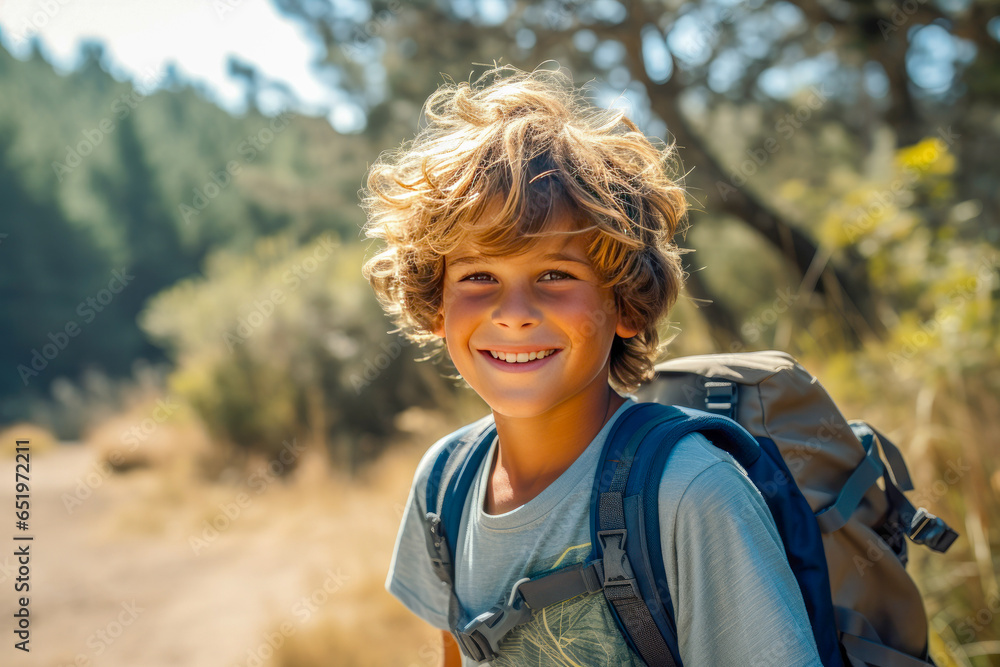 Young boy at a summer camp, a portrait of pure joy and the carefree spirit of childhood vacation in nature Young boy at a summer camp, a portrait of pure joy and the carefree spirit of childhood vacation in nature