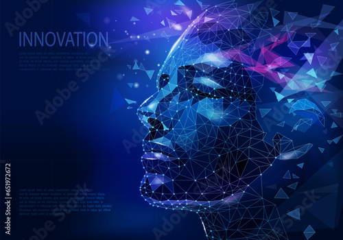 Human face in technological low poly style. Space exploration, innovative technologies, Internet concept. Digital innovative business. Polygonal wireframe male head contemporary vector illustration.