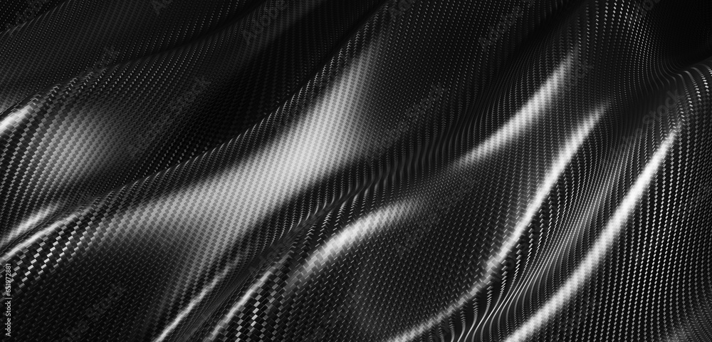 Kevlar surface CARBON FIBER HYBRID striped fabric background Wavy pattern 3D illustration - obrazy, fototapety, plakaty 