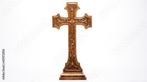 Fotografia Gold coloured metal russian three bar orthodox cross isolated on white backgroun