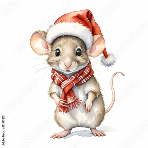 Watercolor painting of a mouse wearing a Santa Claus hat wearing