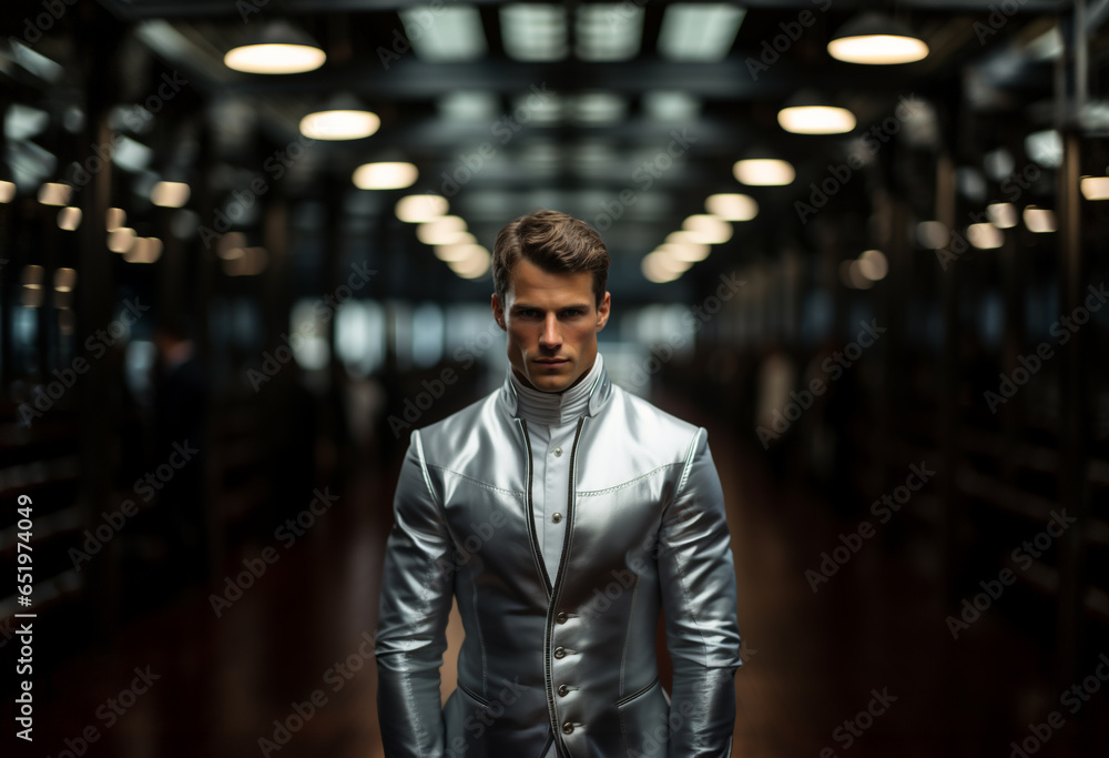 very attractive man in shiny silver suit in big garage very attractive man in shiny silver suit in big garage
