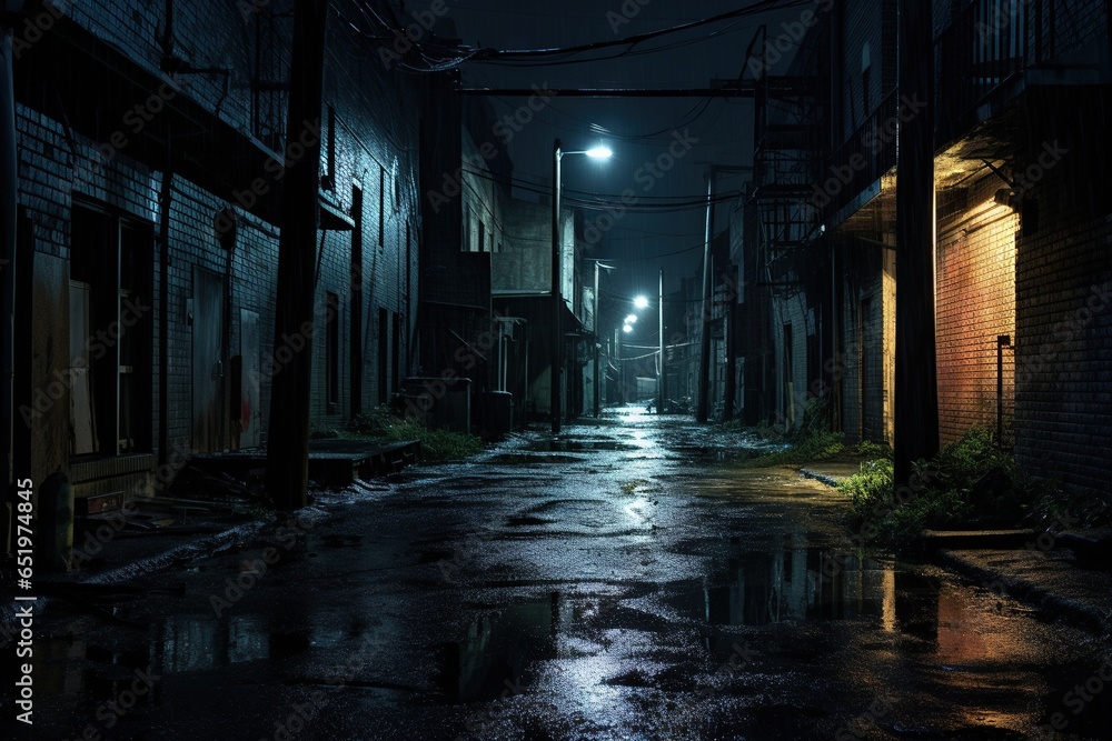 Dark downtown back alley at night after raining. Urban back street with atmospheric lighting and soggy street. Inner city dark alleyway. Urban decay and weathered architecture. Generative AI Dark downtown back alley at night after raining. Urban back street with atmospheric lighting and soggy street. Inner city dark alleyway. Urban decay and weathered architecture. Generative AI