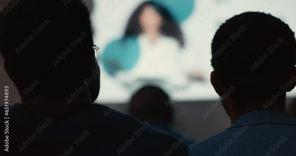 Presentation, dark and business audience, group and clients proposal, attention and listening to sales investment pitch. Workshop mentor, meeting event shadow and corporate crowd at tradeshow seminar