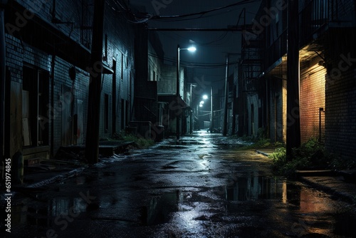 Dark downtown back alley at night after raining. Urban back street with atmospheric lighting and soggy street. Inner city dark alleyway. Urban decay and weathered architecture. Generative AI