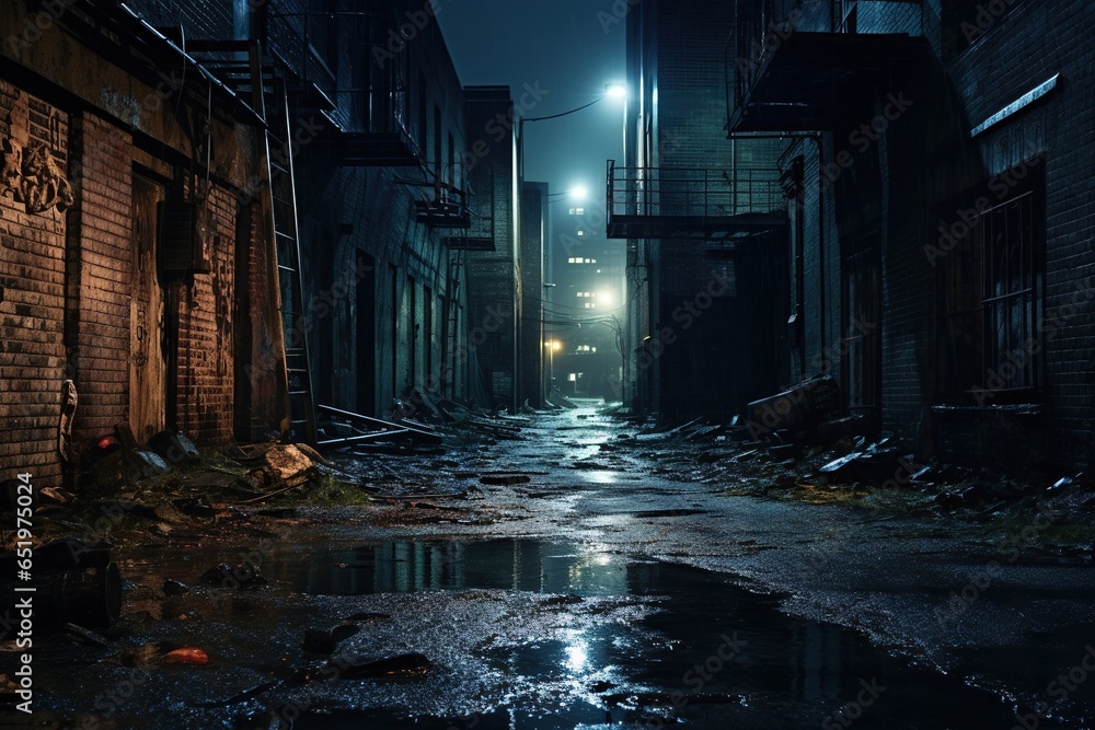 Dark downtown back alley at night after raining. Urban back street with atmospheric lighting  and soggy street. Inner city dark alleyway. Urban decay and weathered architecture. Generative AI - obrazy, fototapety, plakaty 