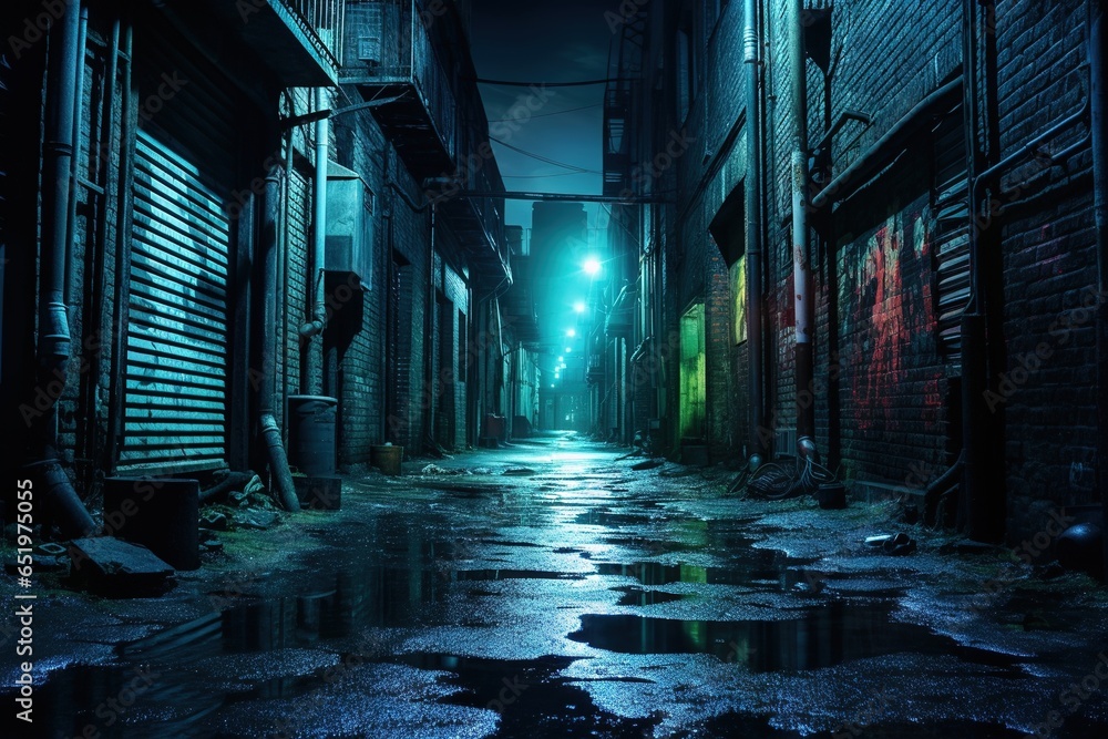 Fototapeta premium Dark downtown back alley at night after raining. Urban back street with atmospheric lighting and soggy street. Inner city dark alleyway. Urban decay and weathered architecture. Generative AI