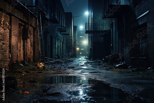 Dark downtown back alley at night after raining. Urban back street with atmospheric lighting  and soggy street. Inner city dark alleyway. Urban decay and weathered architecture. Generative AI