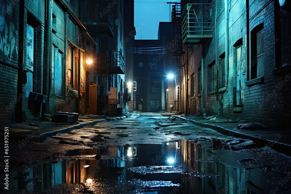 Dark downtown back alley at night after raining. Urban back street with atmospheric lighting  and soggy street. Inner city dark alleyway. Urban decay and weathered architecture. Generative AI - obrazy, fototapety, plakaty 