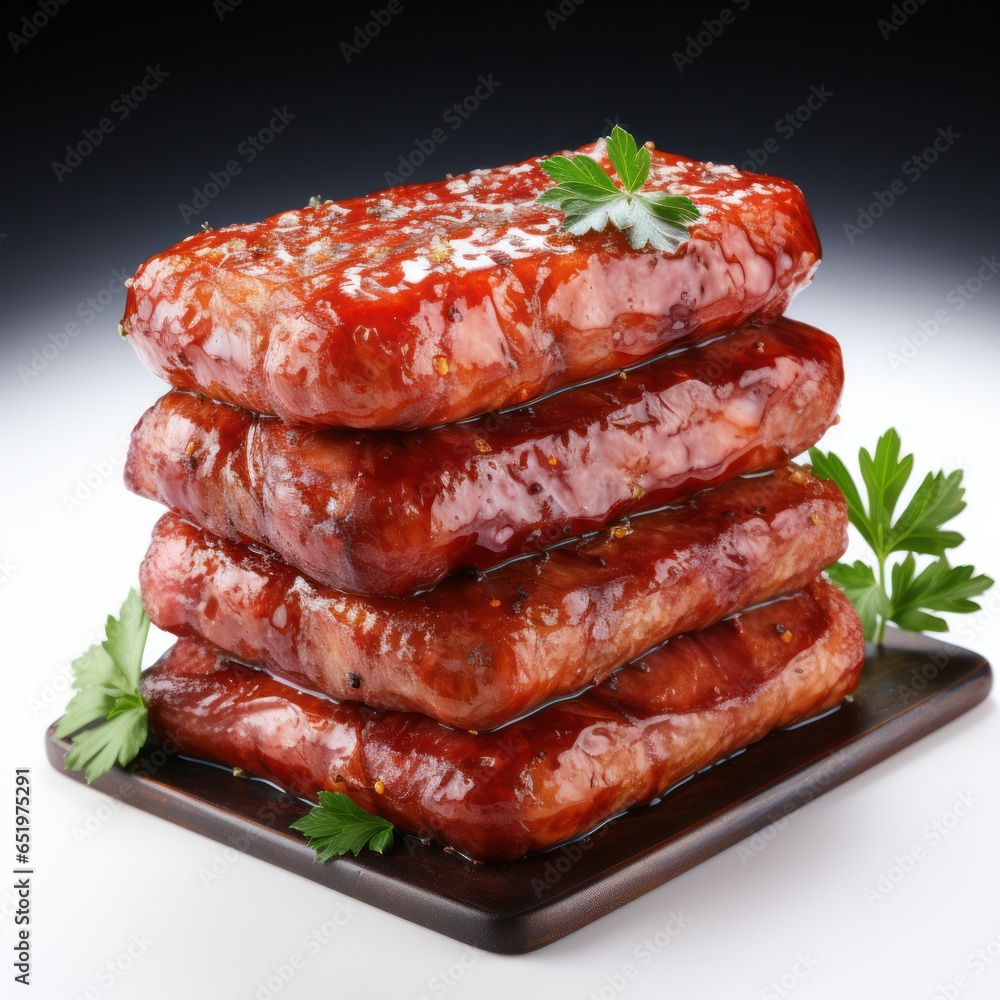 four Spicy marinated pieces of meat in tomato sauce, barbecue, grilled meat in a stack, on a ceramic plate with herbs, isolated on a white background four Spicy marinated pieces of meat in tomato sauce, barbecue, grilled meat in a stack, on a ceramic plate with herbs, isolated on a white background