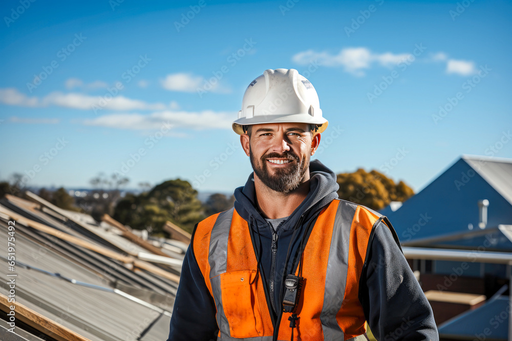 Portrait of a Roof construction worker working on a roof, adorned in safety gear and sky in the background - obrazy, fototapety, plakaty 