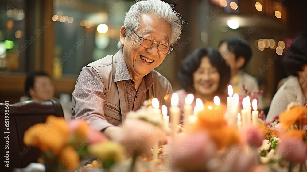 Asian women and older men laugh and smile while congratulating each other on their birthdays at the senior creche.. - obrazy, fototapety, plakaty 