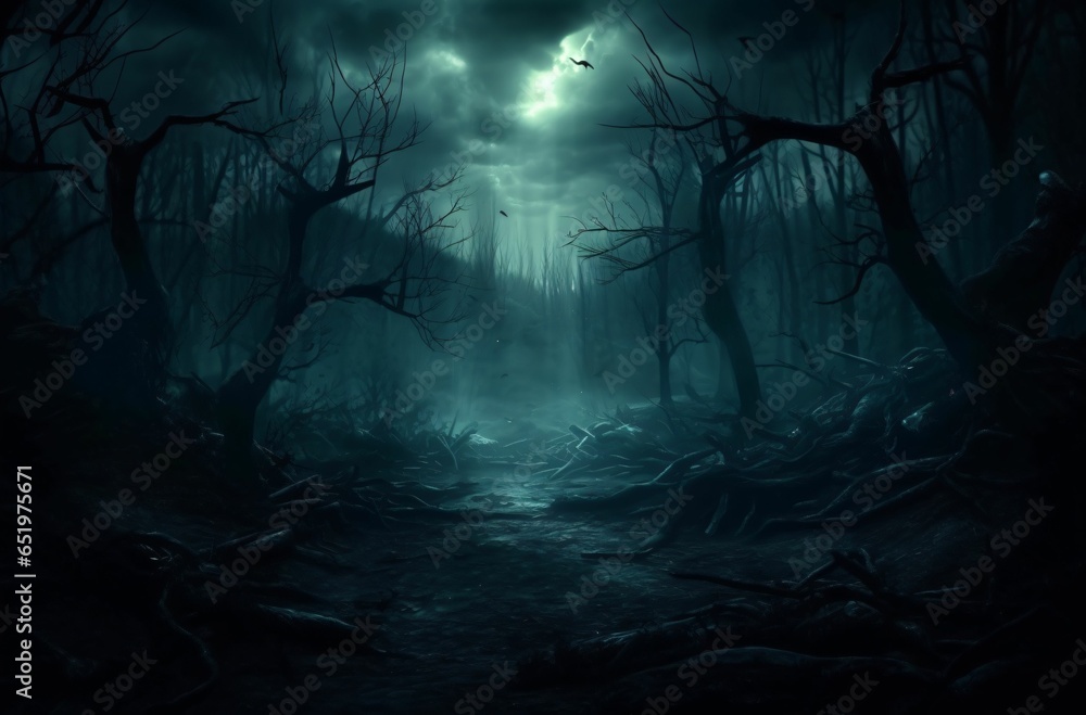 Fototapeta premium Creepy landscape with full moon over the spruce trees of mystery night forest. Halloween backdrop