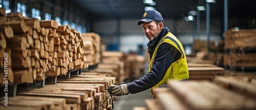 a warehouse worker or carpenter selecting a raw wood partner.