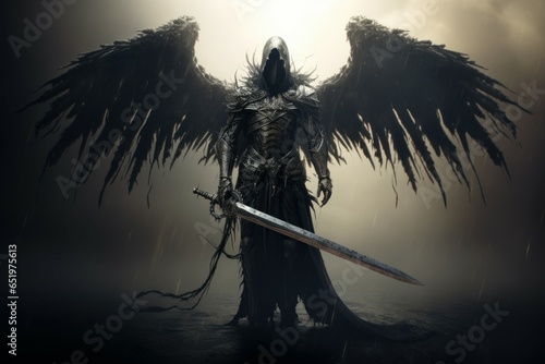 Sharp Death angel sword. Dark person battle. Generate Ai