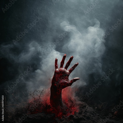 Spooky zombie hand rising out from the ground with smoke and black background. Halloween concept