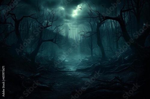 Creepy landscape with full moon over the spruce trees of mystery night forest. Halloween backdrop