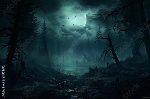 Creepy landscape with full moon over the spruce trees of mystery night forest. Halloween backdrop © Tazzi Art