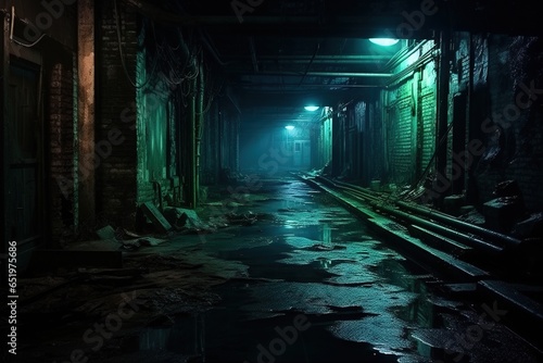 Dark downtown back alley at night after raining. Urban back street with atmospheric lighting  and soggy street. Inner city dark alleyway. Urban decay and weathered architecture. Generative AI