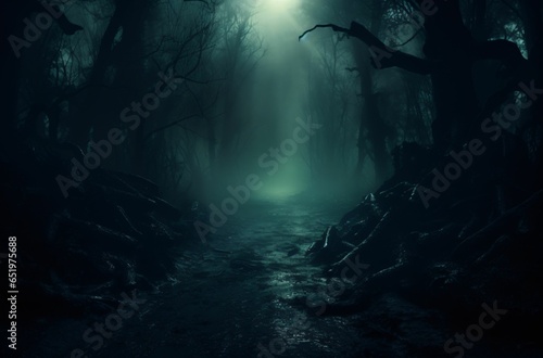Creepy landscape with full moon over the spruce trees of mystery night forest. Halloween backdrop © Tazzi Art