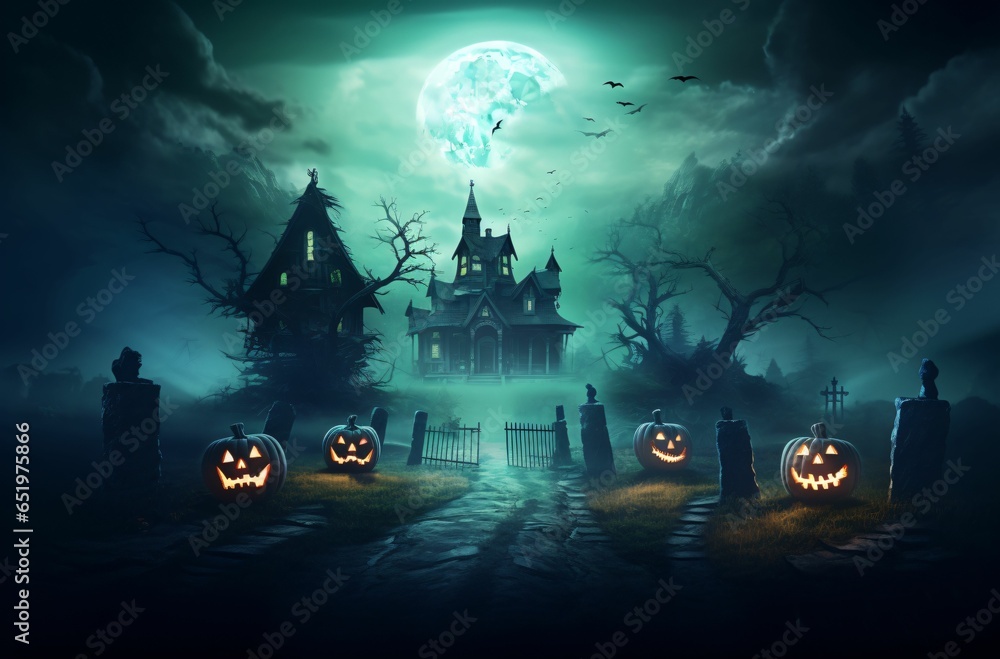 Creepy landscape with pumpkin and graveyard in mystery night forest. Halloween backdrop
