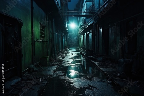 Dark downtown back alley at night after raining. Urban back street with atmospheric lighting  and soggy street. Inner city dark alleyway. Urban decay and weathered architecture. Generative AI