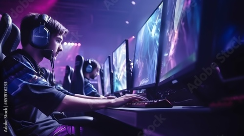 Young professional esports players are focused on gaming at esports venues. Generative AI