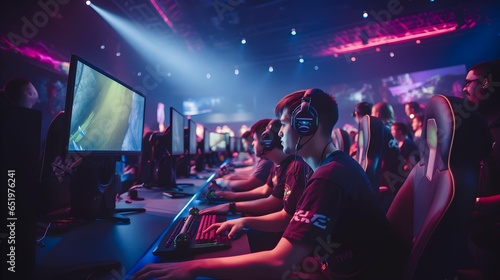 Young professional esports players are focused on gaming at esports venues. Generative AI photo