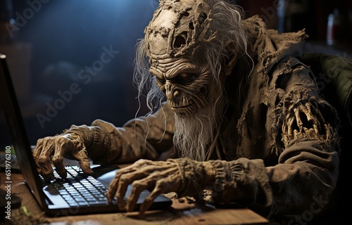 a terrifying zombie working on a computer while using a laptop at a desk..