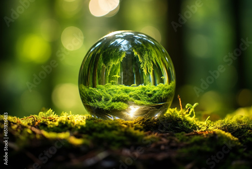 crystal ball on moss in forest environment concept