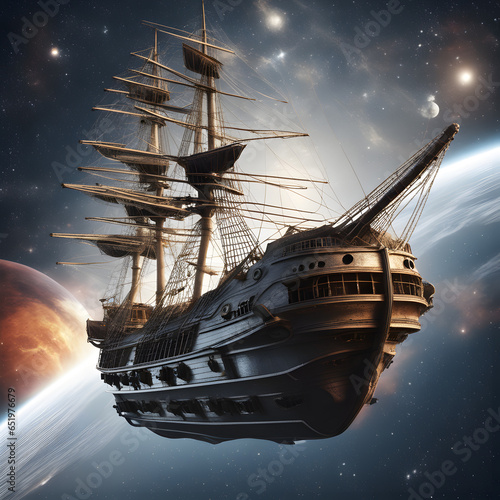 Sailing Ship in Space: Navigating Cosmic Oceans of Exploration Beyond Our Earthly Horizons. AI-Generated