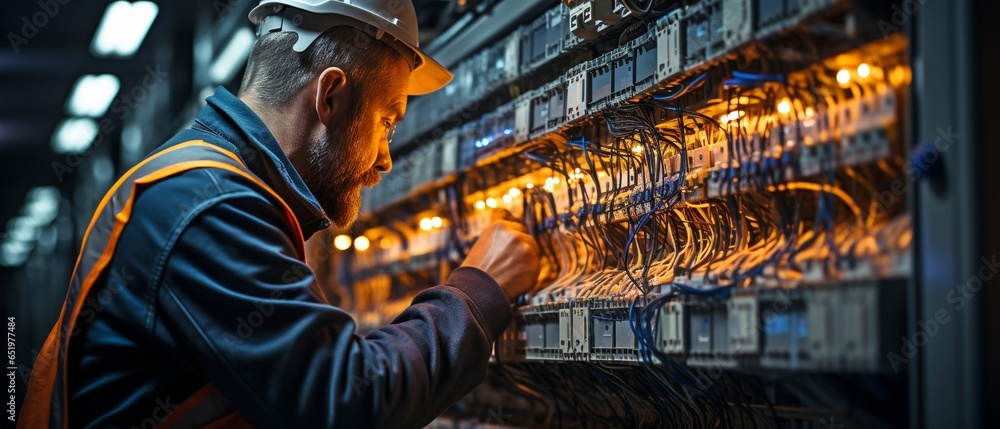 Man performing electrical repair at a switchboard with fuses. - obrazy, fototapety, plakaty 