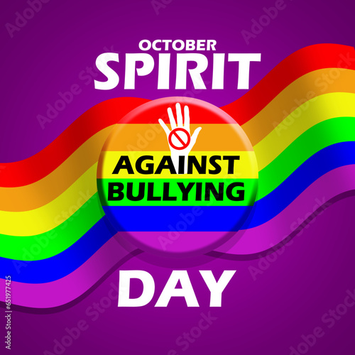 Round pin with a waving LGBT flag, hand, prohibition sign and bold text on a dark purple background to commemorate Spirit Day on October