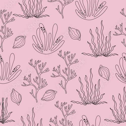 Hand drawn seamless pattern line art seaweeds. Vector design on pink background.