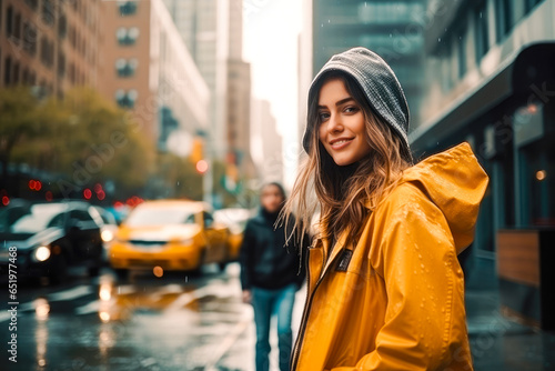 Portrait of a smiling happy woman in rainy New York, walking down the sidewalk, wearing fashionable clothing