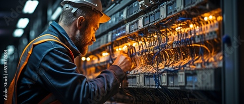 Man performing electrical repair at a switchboard with fuses. photo