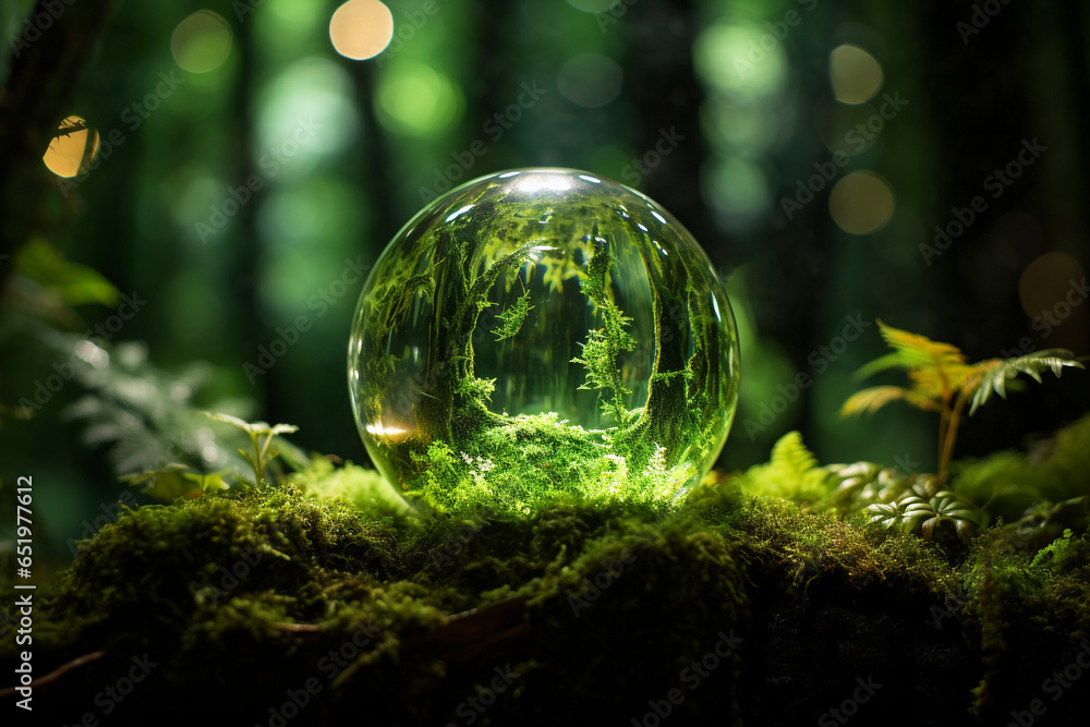 crystal ball on moss in forest environment concept crystal ball on moss in forest environment concept
