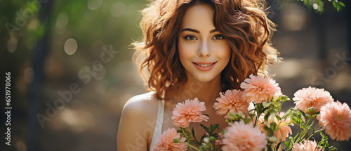 Picture of a young, attractive woman in the springtime carrying a bouquet of new flowers.